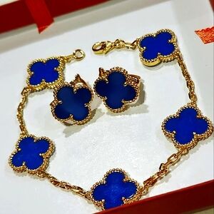 Fashion Set Bracelet,Earrings Agate Laser Flower.Stainless Steel Gold Blue Color